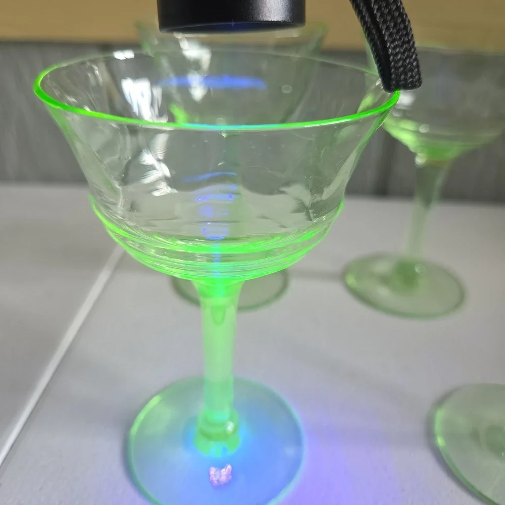 Vintage Uranium Small Stem Glass Green Hue Collectible Glassware Set Of 4